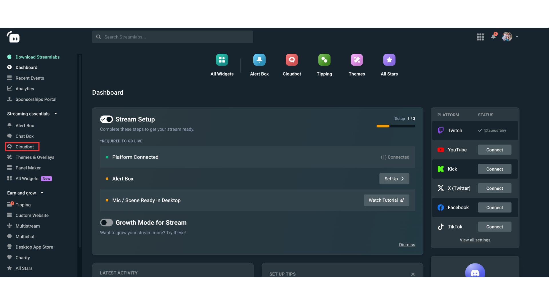 Dashboard with Cloudbot settings highlighted